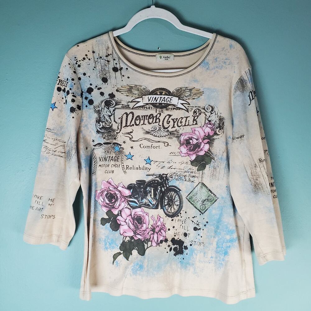 Cactus Womens Cream Vintage Motorcycle Rose Casual Long Sleeve Top Size Large